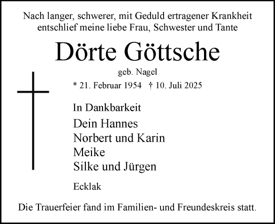 Traueranzeige von Dörte Göttsche von Norddeutsche Rundschau, Wilstersche Zeitung, Glückstädter Fortuna