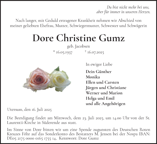 Traueranzeige von Dore Christine Gumz von Der Insel-Bote