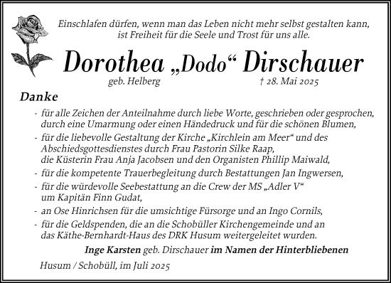 Traueranzeige von Dorothea Dirschauer von Husumer Nachrichten, Nordfriesland Tageblatt