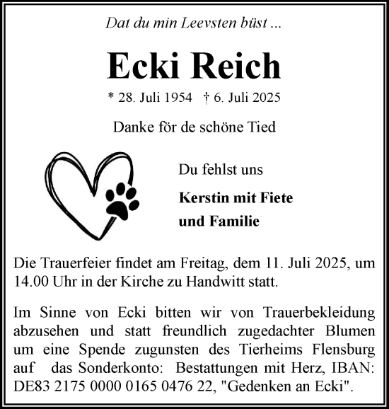 Traueranzeige von Ecki Reich von Flensburger Tageblatt