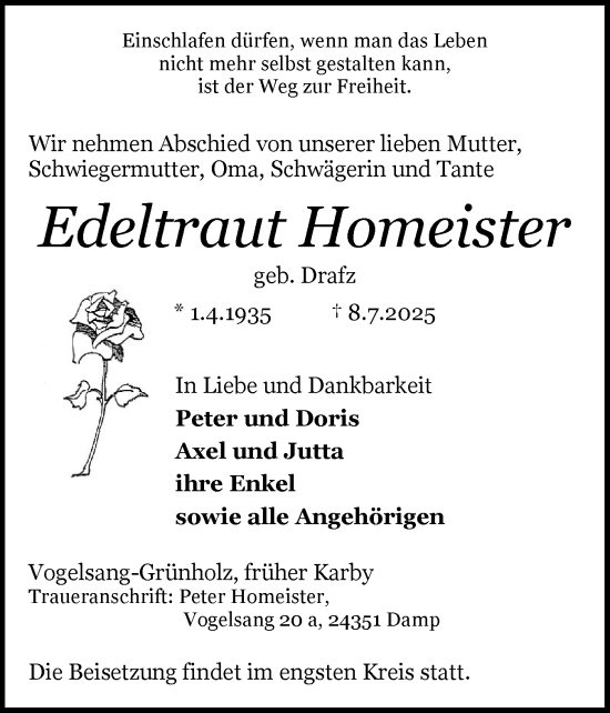 Traueranzeige von Edeltraut Homeister von Schleswiger Nachrichten, Schlei-Bote, Eckernförder Zeitung