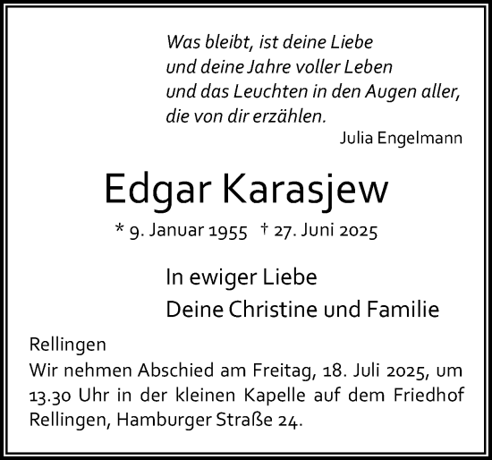 Traueranzeige von Edgar Karasjew von Region Pinneberg und tip Pinneberg