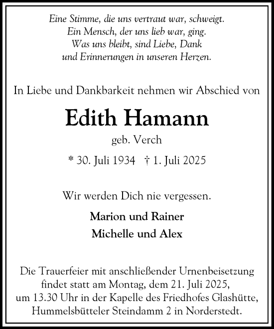 Traueranzeige von Edith Hamann von Heimatspiegel