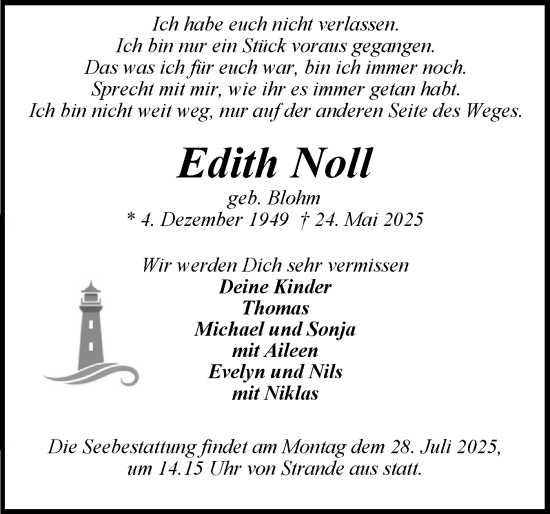 Traueranzeige von Edith Noll von Holsteinischer Courier