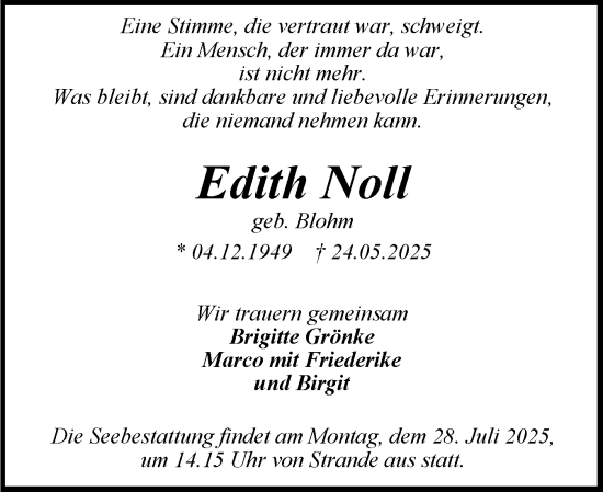 Traueranzeige von Edith Noll von Holsteinischer Courier
