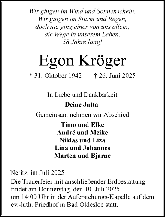 Traueranzeige von Egon Kröger von MARKT Bad Oldesloe/Reinfeld, MARKT Ahrensburg/Bargteheide/Trittau und Stormarner Tageblatt