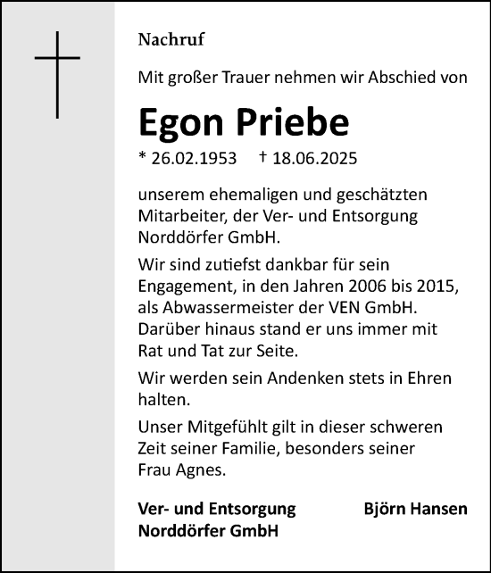 Traueranzeige von Egon Priebe von Sylter Rundschau