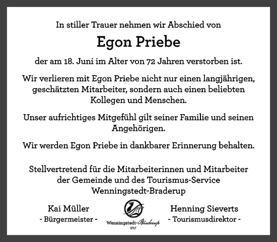 Traueranzeige von Egon Priebe von Sylter Rundschau