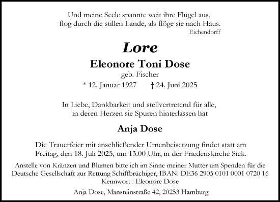 Traueranzeige von Eleonore Toni Dose von MARKT Ahrensburg/Bargteheide/Trittau und Stormarner Tageblatt