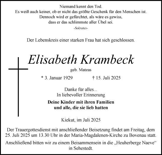Traueranzeige von Elisabeth Krambeck von Schleswig-Holsteinische Landeszeitung