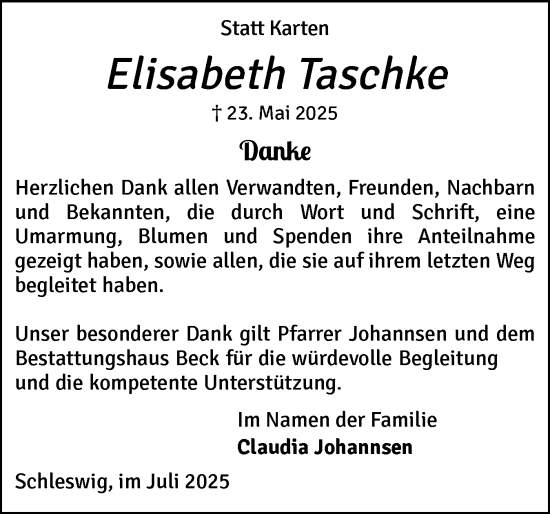 Traueranzeige von Elisabeth Taschke von Schleswiger Nachrichten, Schlei-Bote