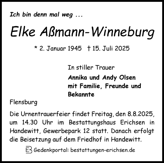 Traueranzeige von Elke Aßmann-Winneburg von Flensburger Tageblatt