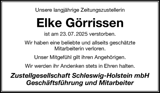 Traueranzeige von Elke Görrissen von Schleswig-Holsteinische Landeszeitung