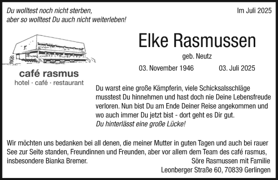 Traueranzeige von Elke Rasmussen von Husumer Nachrichten, Nordfriesland Tageblatt