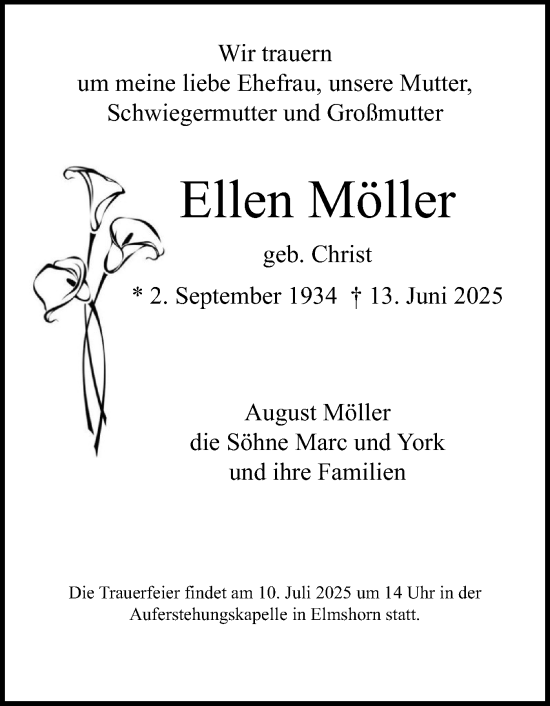 Traueranzeige von Ellen Möller von Elmshorner Nachrichten, Barmstedter Zeitung