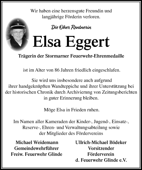 Traueranzeige von Elsa Eggert von MARKT Glinde/Reinfeld