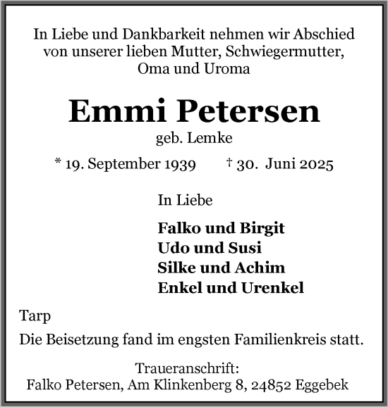 Traueranzeige von Emmi Petersen von Flensburger Tageblatt