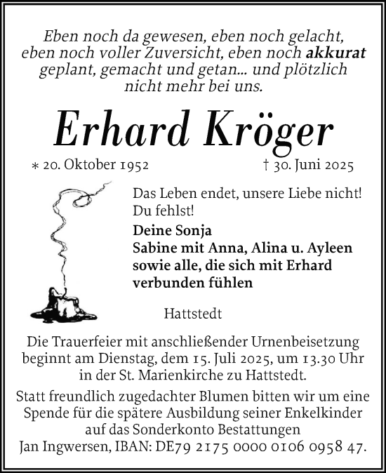 Traueranzeige von Erhard Kröger von Husumer Nachrichten, Nordfriesland Tageblatt