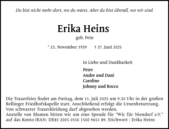 Traueranzeige von Erika Heins von Region Pinneberg und tip Pinneberg