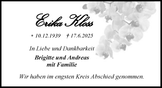 Traueranzeige von Erika Kloss von MARKT Ratzeburg/Mölln