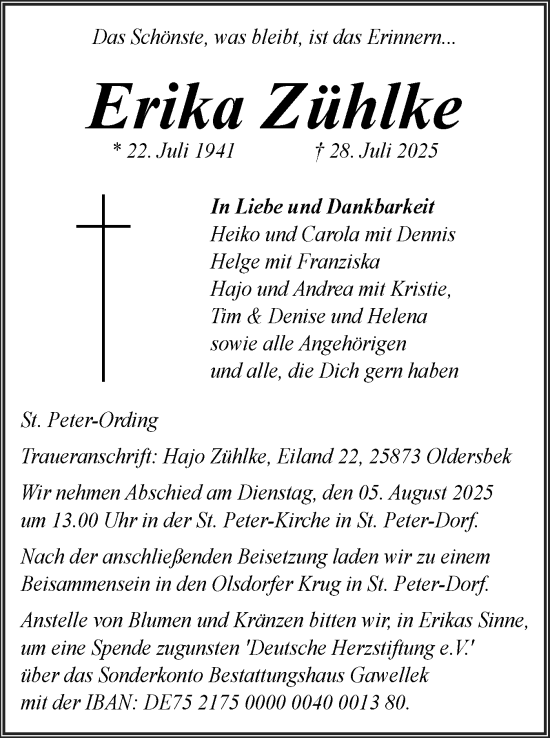 Traueranzeige von Erika Zühlke von Husumer Nachrichten, Nordfriesland Tageblatt