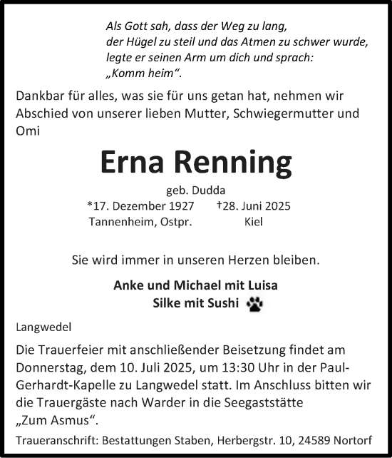 Traueranzeige von Erna Renning von Schleswig-Holsteinische Landeszeitung