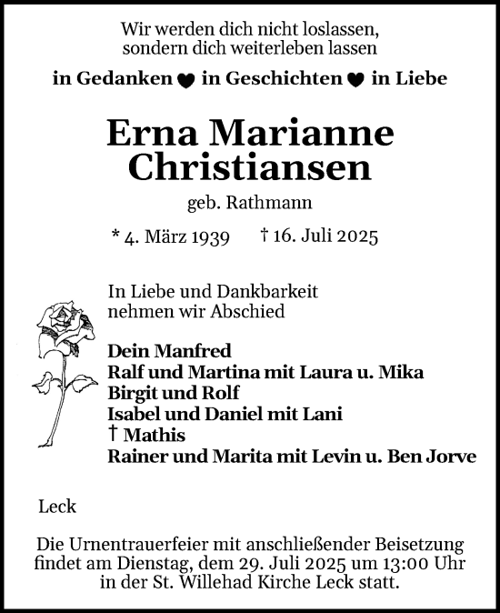 Traueranzeige von Erna Marianne Christiansen von Husumer Nachrichten, Nordfriesland Tageblatt