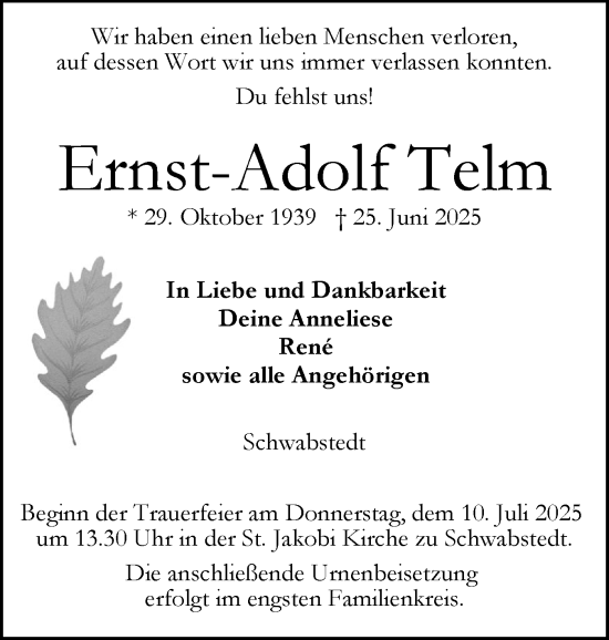Traueranzeige von Ernst-Adolf Telm von Husumer Nachrichten, Nordfriesland Tageblatt