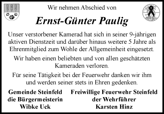 Traueranzeige von Ernst-Günter Paulig von Schleswiger Nachrichten, Schlei-Bote