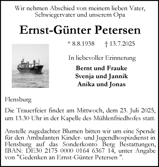 Traueranzeige von Ernst-Günter Petersen von Flensburger Tageblatt