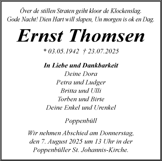 Traueranzeige von Ernst Thomsen von Husumer Nachrichten, Nordfriesland Tageblatt
