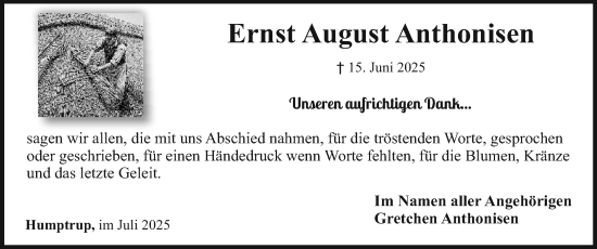 Traueranzeige von Ernst August Anthonisen von Husumer Nachrichten, Nordfriesland Tageblatt