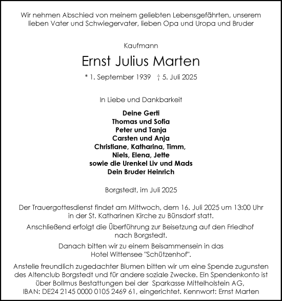 Traueranzeige von Ernst Julius Marten von Eckernförder Zeitung