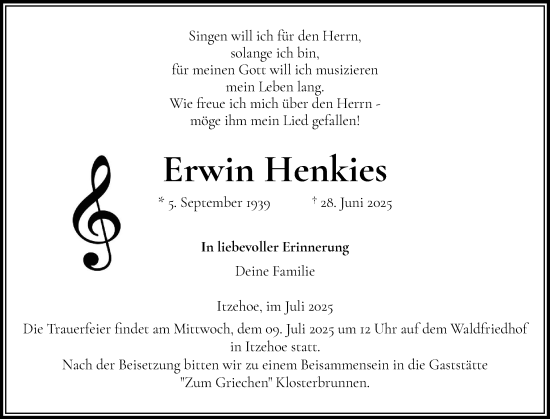 Traueranzeige von Erwin Henkies von Norddeutsche Rundschau, Wilstersche Zeitung, Glückstädter Fortuna