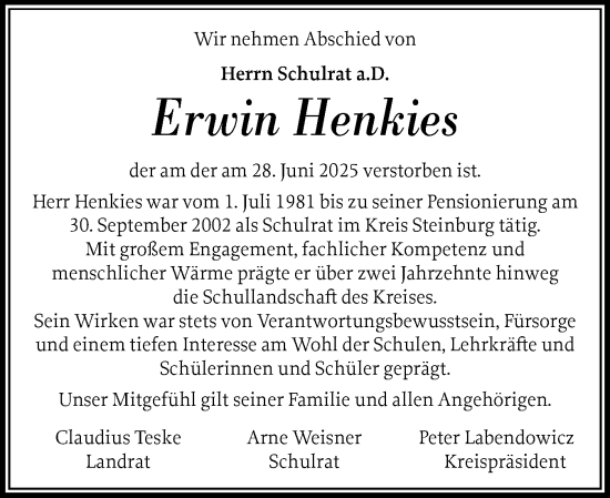 Traueranzeige von Erwin Henkies von Norddeutsche Rundschau, Wilstersche Zeitung, Glückstädter Fortuna