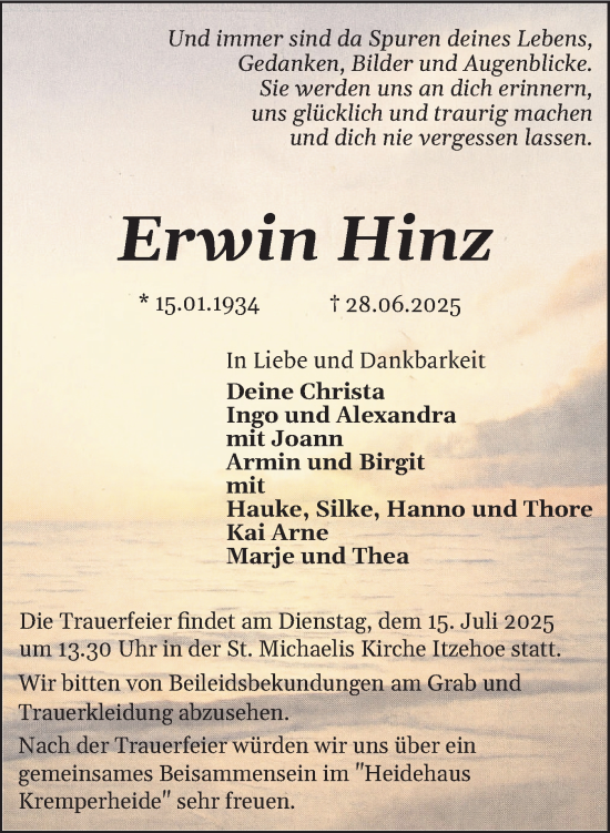 Traueranzeige von Erwin Hinz von Norddeutsche Rundschau, Wilstersche Zeitung, Glückstädter Fortuna