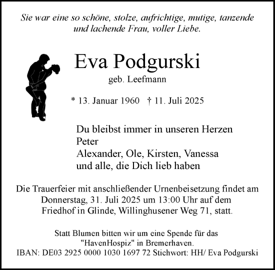 Traueranzeige von Eva Podgurski von MARKT Glinde/Reinfeld