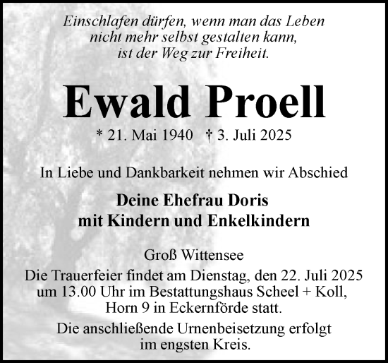 Traueranzeige von Ewald Proell von Eckernförder Zeitung, Hallo Eckernförde
