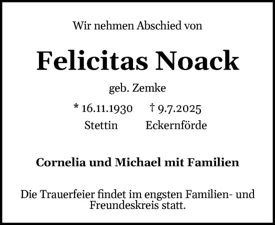 Traueranzeige von Felicitas Noack von Eckernförder Zeitung, Hallo Eckernförde