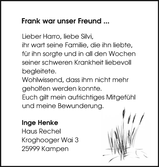 Traueranzeige von Frank  von Sylter Rundschau