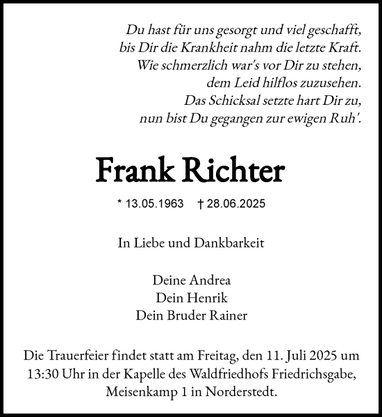 Traueranzeige von Frank Richter von Heimatspiegel