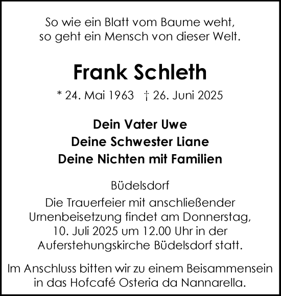 Traueranzeige von Frank Schleth von Schleswig-Holsteinische Landeszeitung