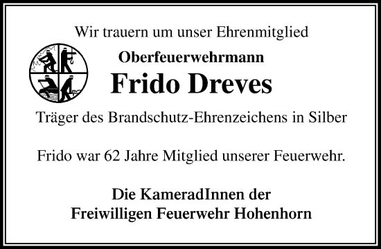 Traueranzeige von Frido Dreves von Wochenend Anzeiger