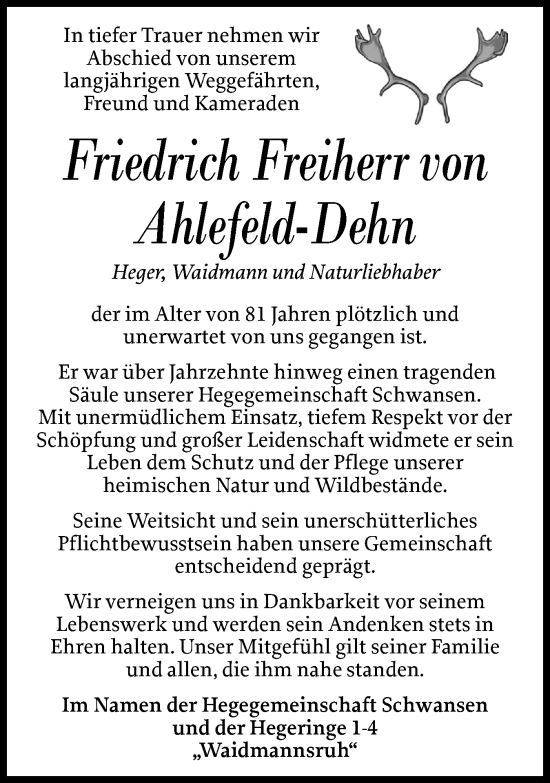 Traueranzeige von Friedrich Freiherr von Ahlefeld-Dehn von Eckernförder Zeitung