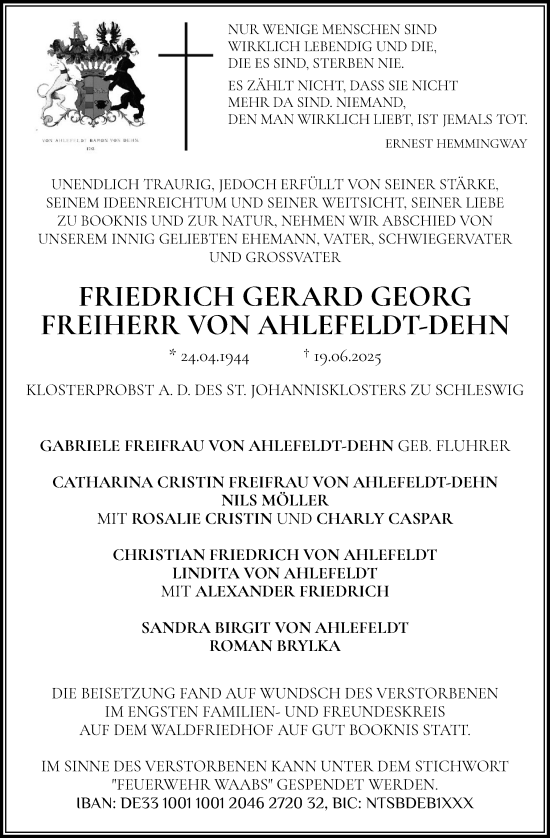 Traueranzeige von Friedrich Gerard Georg von Ahlefeldt-Dehn von Eckernförder Zeitung, Hallo Eckernförde