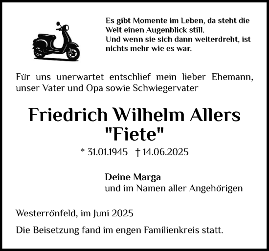 Traueranzeige von Friedrich Wilhelm Allers von Schleswig-Holsteinische Landeszeitung
