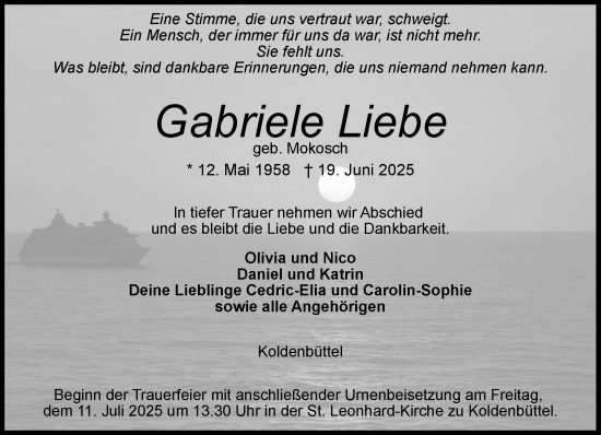 Traueranzeige von Gabriele Liebe von Husumer Nachrichten, Nordfriesland Tageblatt