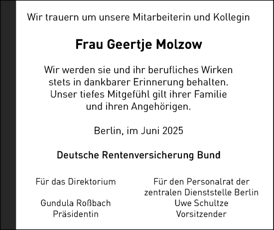 Traueranzeige von Geertje Molzow von Schleswig-Holsteinische Landeszeitung