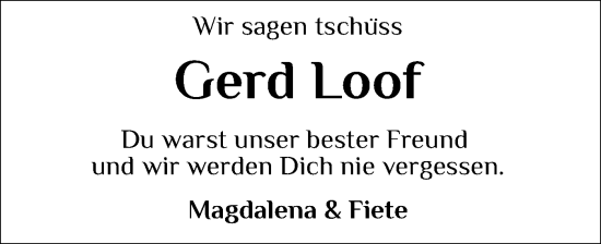 Traueranzeige von Gerd Loof von Husumer Nachrichten, Nordfriesland Tageblatt