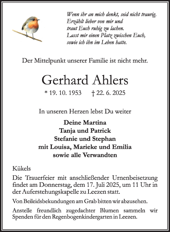 Traueranzeige von Gerhard Ahlers von MARKT Ahrensburg/Bargteheide/Trittau und Stormarner Tageblatt